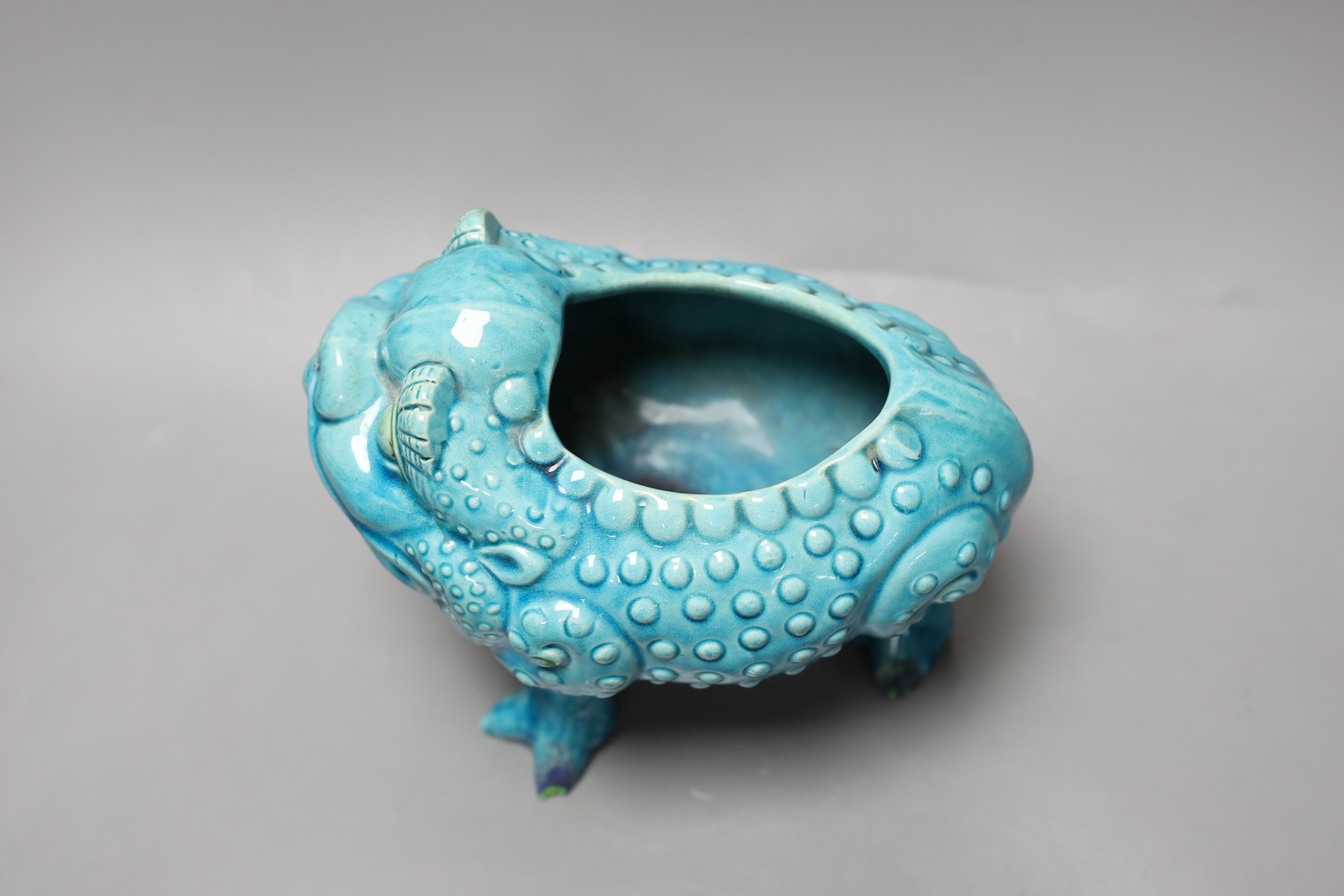 A Burmantofts pottery Jin Chan Lucky toad spoon warmer. 16cm high